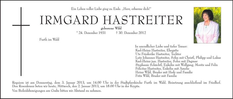 Traueranzeige Irmgard Hastreiter