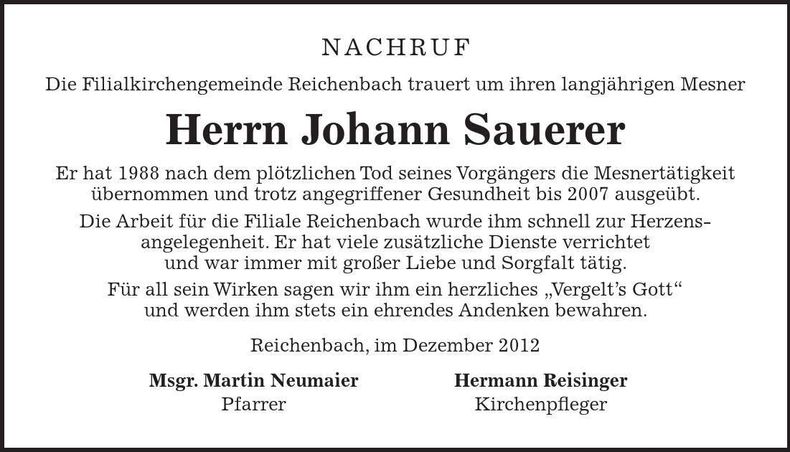 Traueranzeige Johann Auerer
