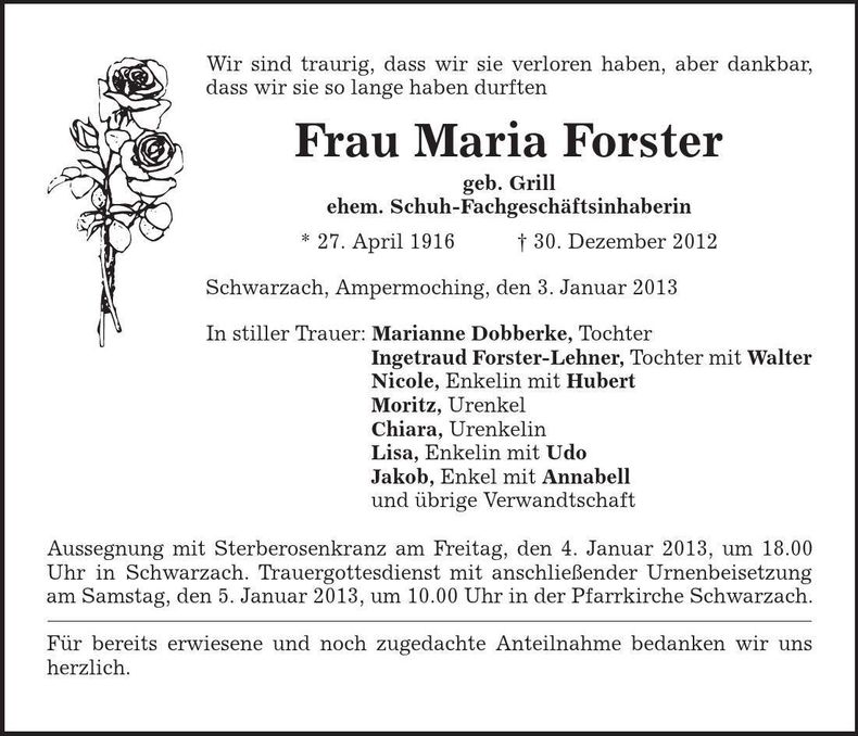 Traueranzeige Maria Forster