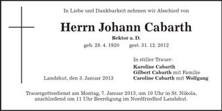 Traueranzeige Johann Cabarth