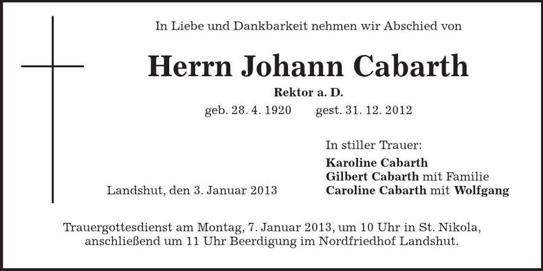 Traueranzeige Johann Cabarth
