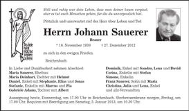 Traueranzeige Johann Sauerer