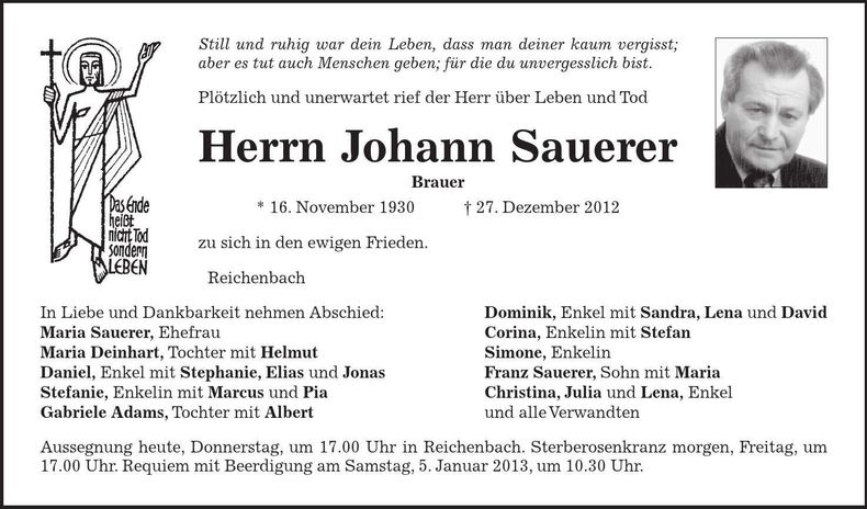 Traueranzeige Johann Sauerer