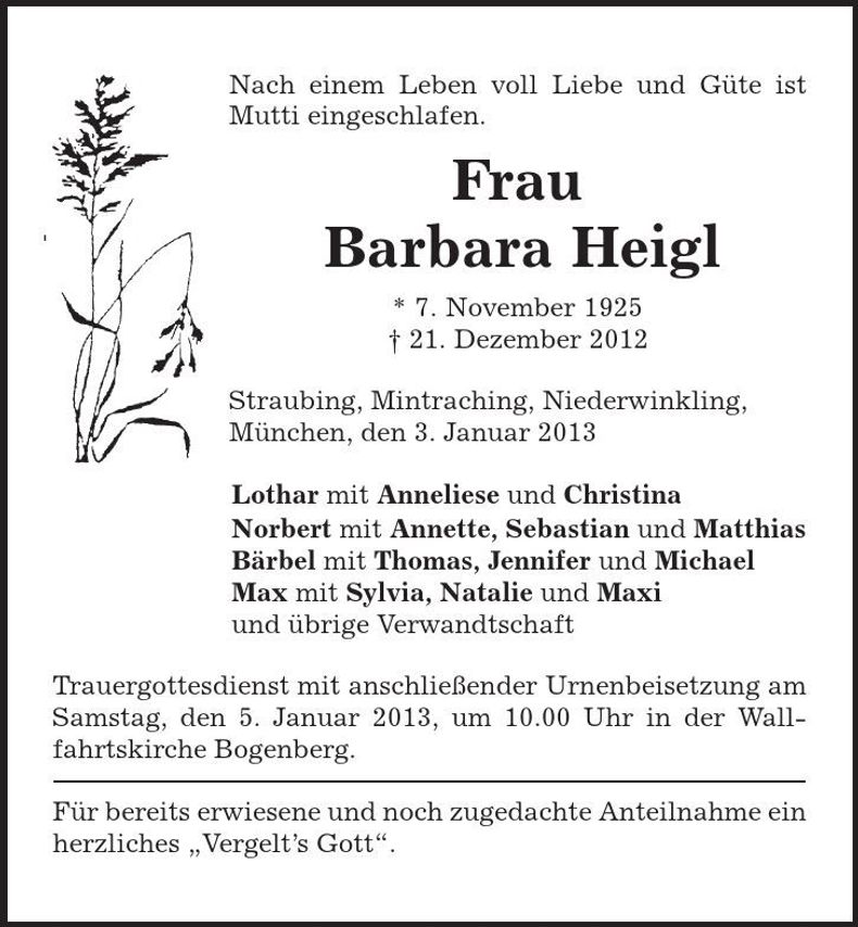 Traueranzeige Barbara Heigl