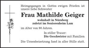 Traueranzeige Mathilde Geiger
