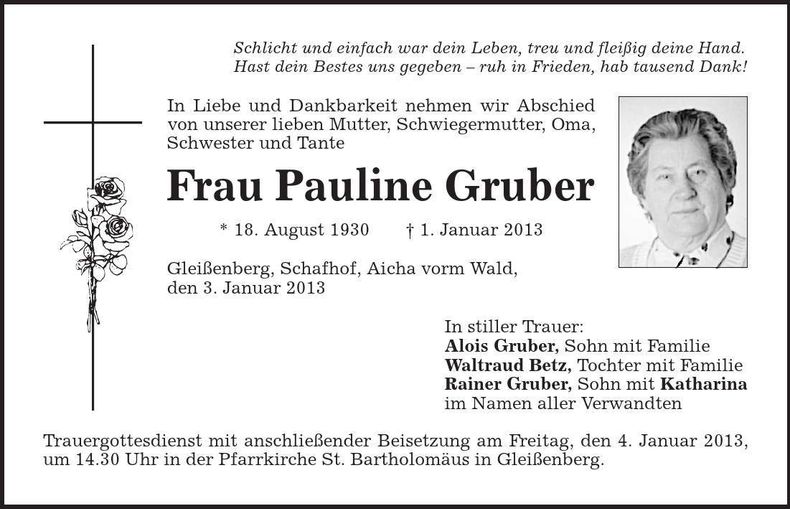 Traueranzeige Pauline Gruber