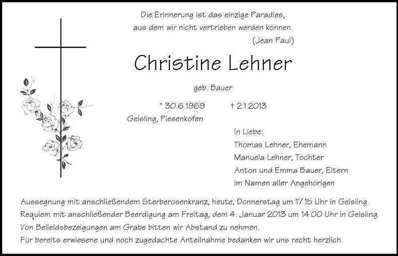 Traueranzeige Christine Lehner
