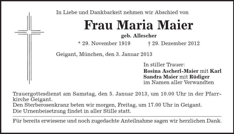 Traueranzeige Maria Maier
