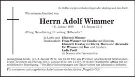 Traueranzeige Adolf Wimmer
