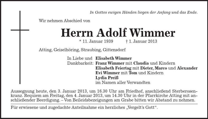 Traueranzeige Adolf Wimmer