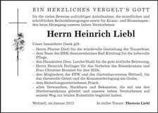 Traueranzeige Heinrich Liebl