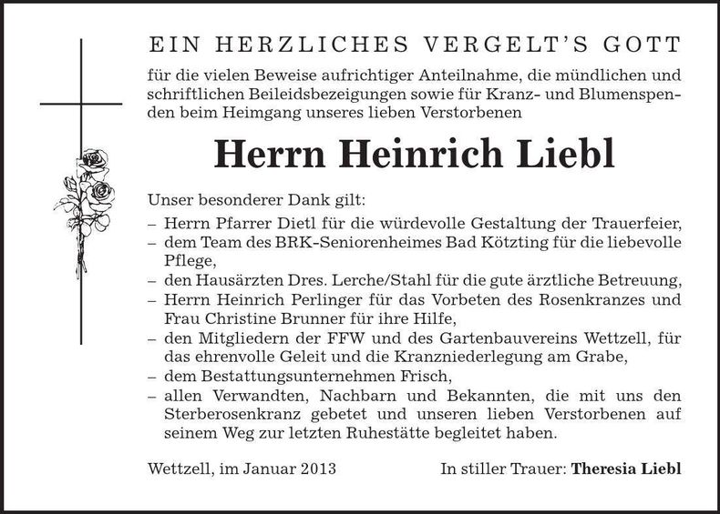 Traueranzeige Heinrich Liebl