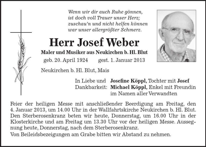 Traueranzeige Josef Weber