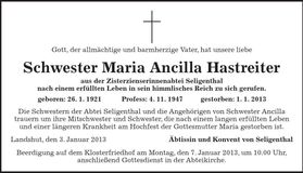 Traueranzeige Maria Ancilla Hastreiter