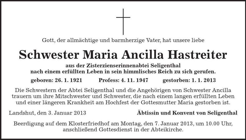 Traueranzeige Maria Ancilla Hastreiter