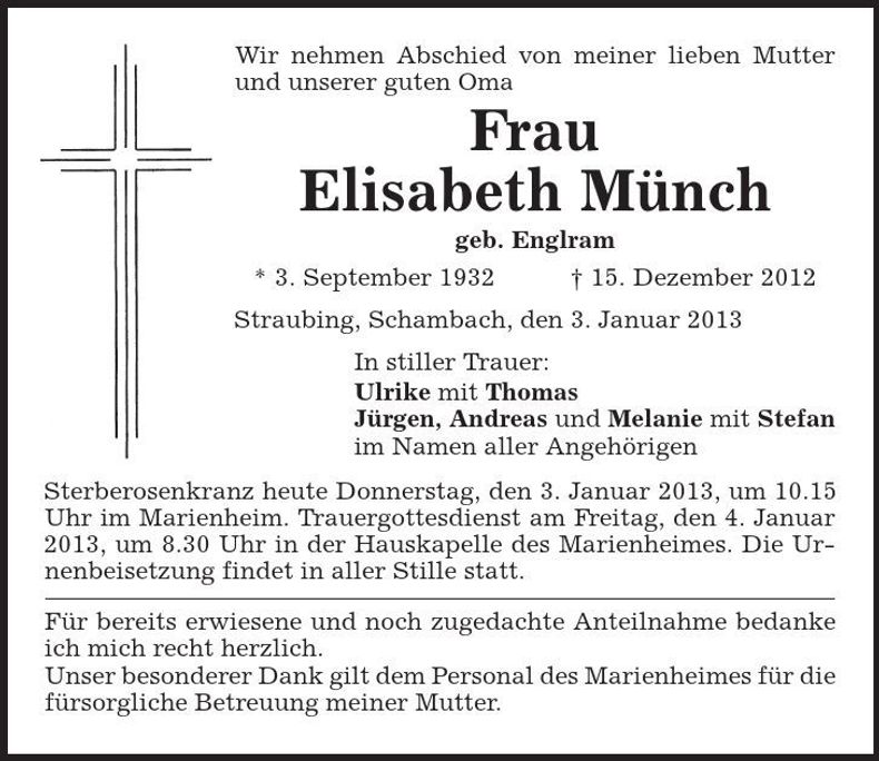 Traueranzeige Elisabeth Münch