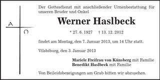 Traueranzeige Werner Haslbeck