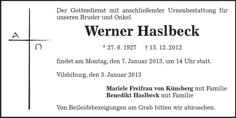 Traueranzeige Werner Haslbeck