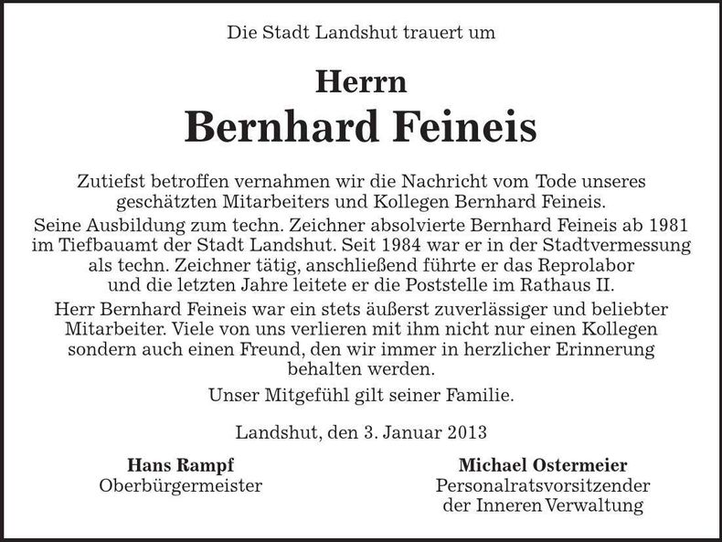 Traueranzeige Bernhard Feineis