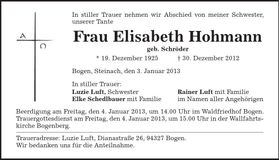 Traueranzeige Elisabeth Hohmann