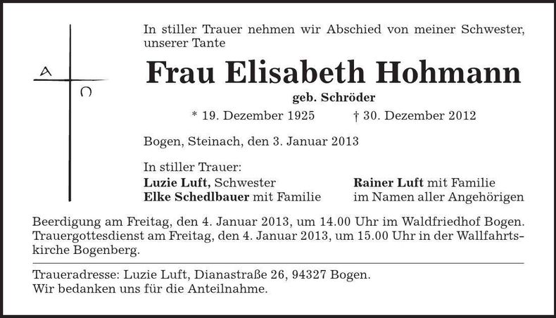 Traueranzeige Elisabeth Hohmann