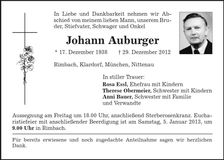 Traueranzeige Johann Auburger