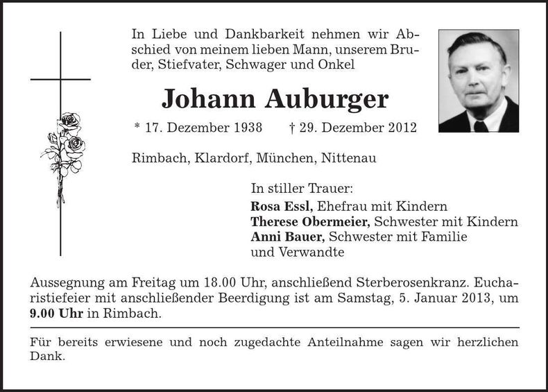 Traueranzeige Johann Auburger