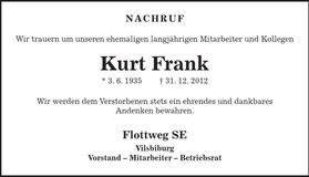 Traueranzeige Kurt Frank