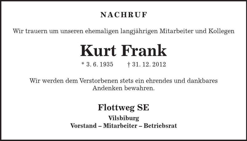 Traueranzeige Kurt Frank