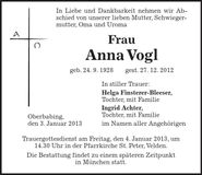 Traueranzeige Anna Vogl