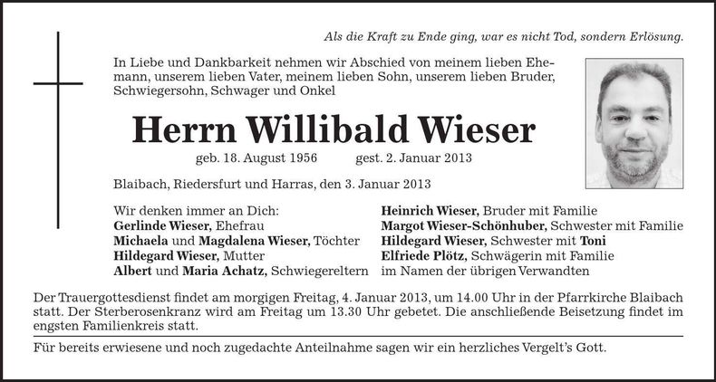 Traueranzeige Willibald Wieser