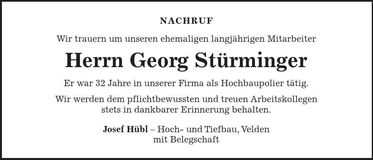 Traueranzeige Georg Stürminger