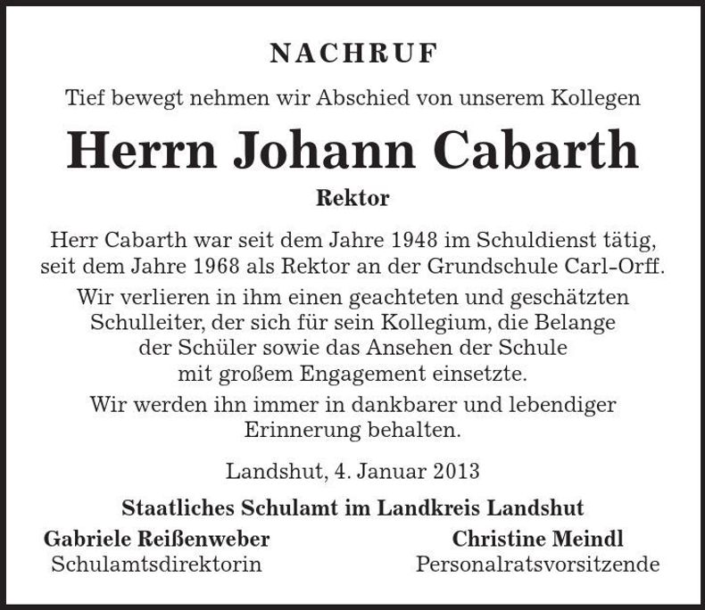 Traueranzeige Johann Cabarth