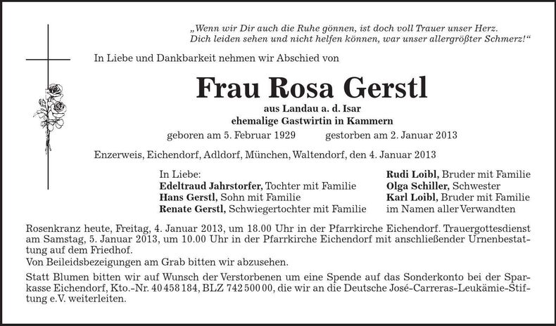Traueranzeige Rosa Gerstl