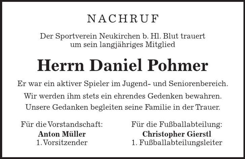 Traueranzeige Daniel Pohmer