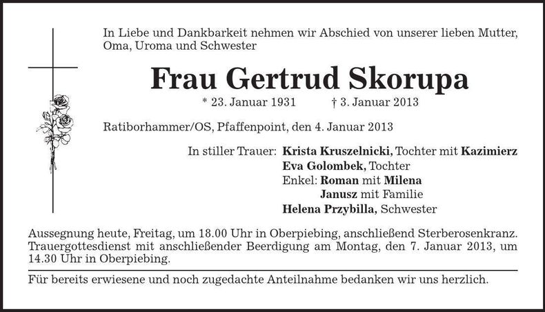 Traueranzeige Gertrud Skorupa