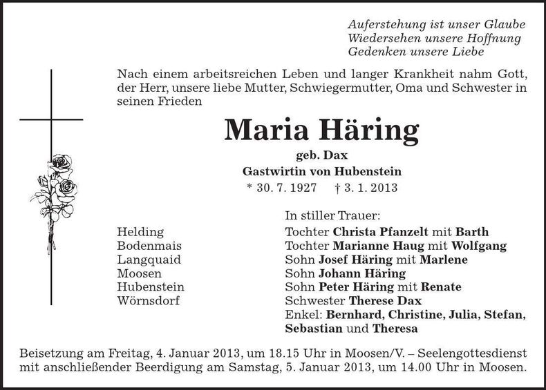 Traueranzeige Maria Häring