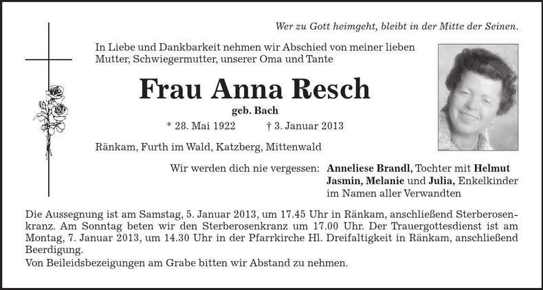 Traueranzeige Anna Resch