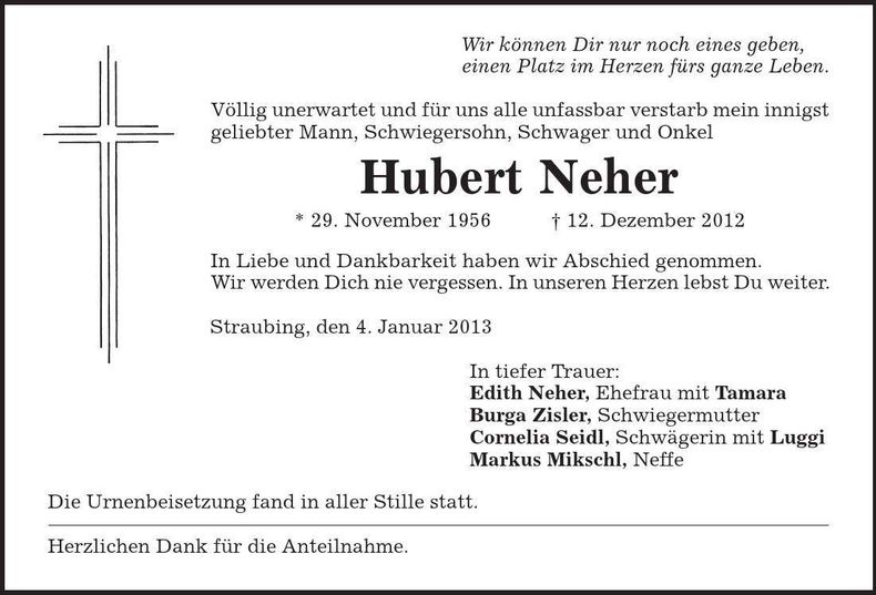 Traueranzeige Hubert Neher