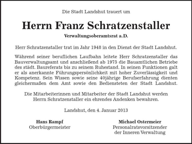 Traueranzeige Franz Schratzenstaller