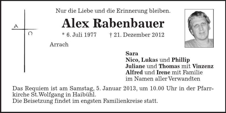 Traueranzeige Alex Rabenbauer