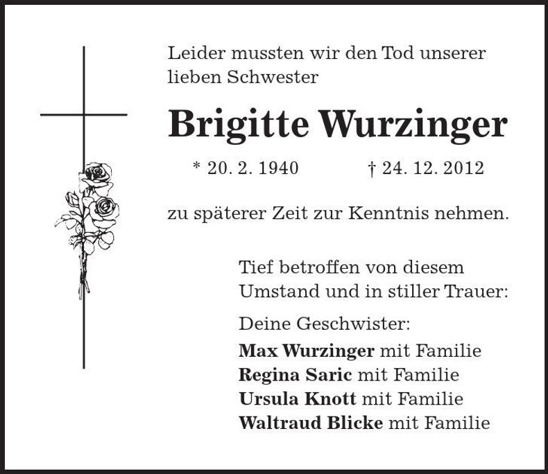 Traueranzeige Brigitte Wurzinger