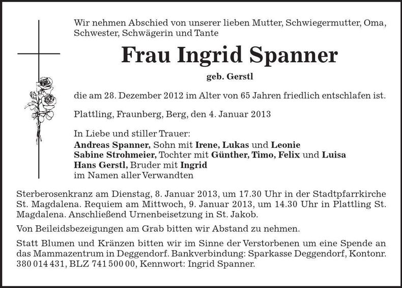 Traueranzeige Ingrid Spanner