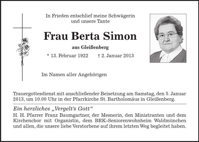 Traueranzeige Berta Simon