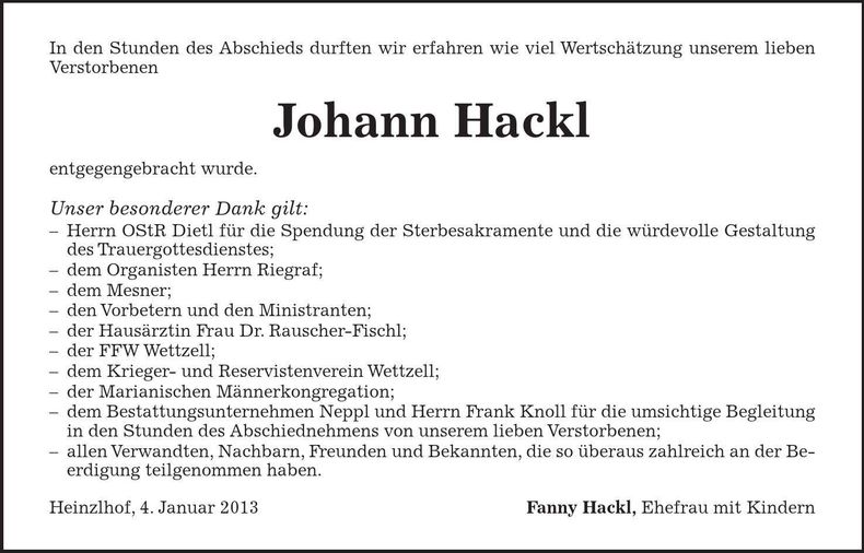 Traueranzeige Johann Hackl