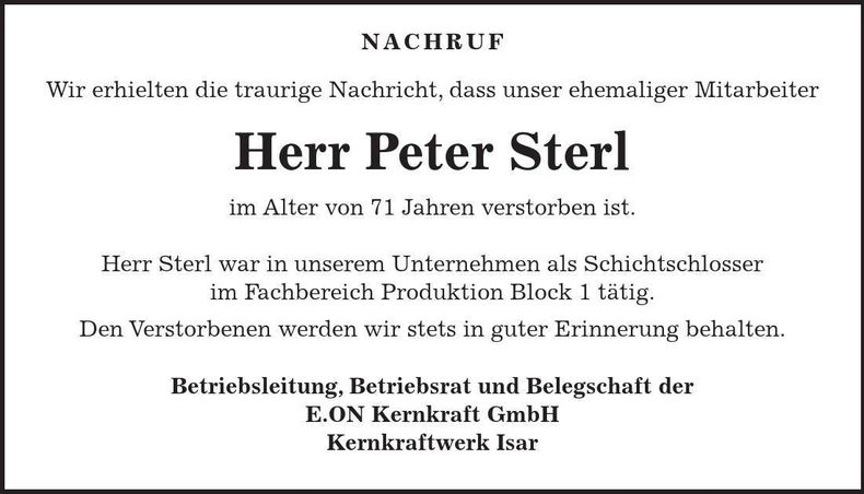 Traueranzeige Peter Sterl