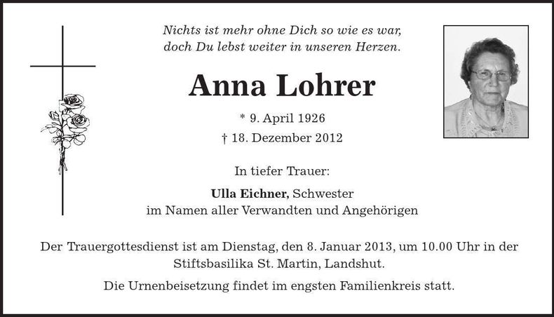 Traueranzeige Anna Lohrer