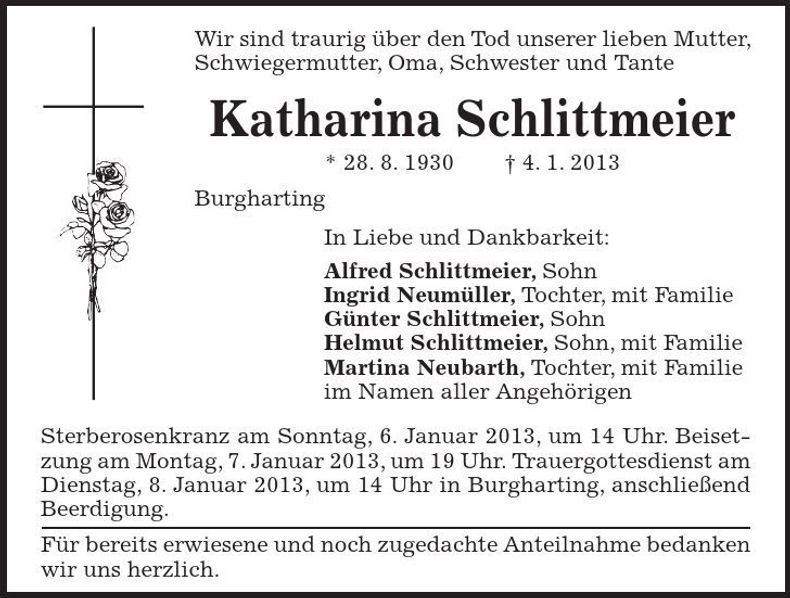 Traueranzeige Katharina Schlittmeier