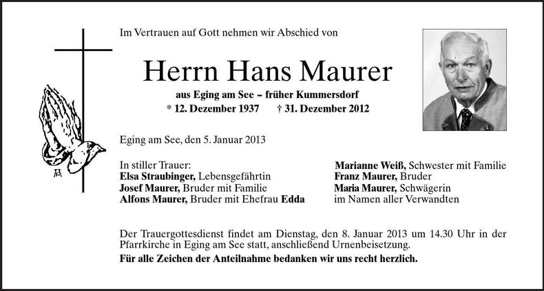 Traueranzeige Hans Maurer