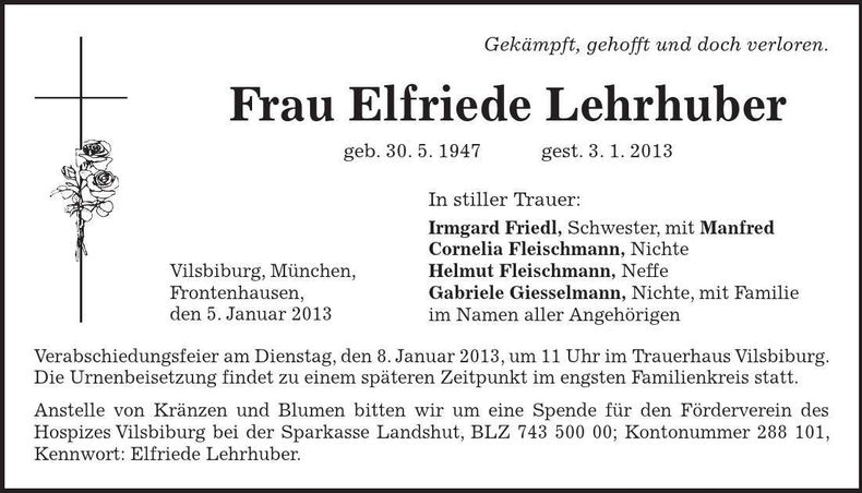 Traueranzeige Elfriede Lehrhuber